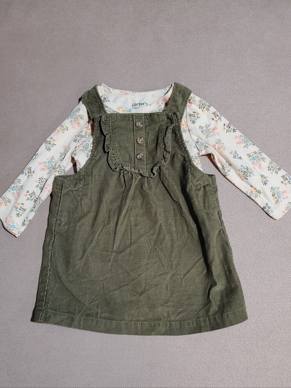 3-6M Carter's Olive Green Corduroy Pinafore Dress with Floral Top